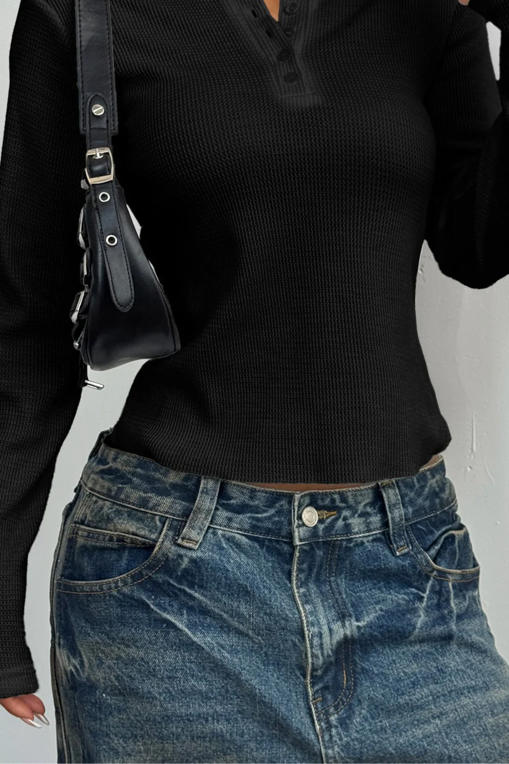 Button-Front Long Sleeve Knit Top - Image 8