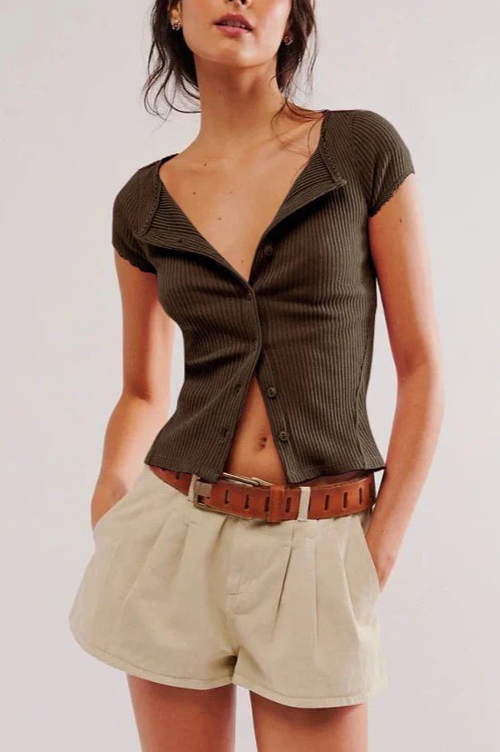 Button Short Sleeve Ribbed Cardigan - Image 7