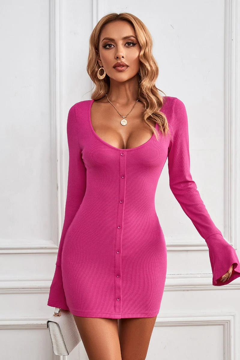 Buttoned U-Neck Bodycon Sweater Dress - Image 4