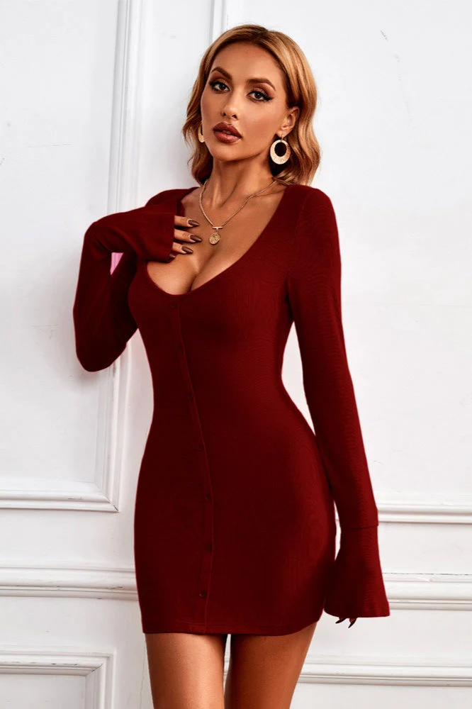 Buttoned U-Neck Bodycon Sweater Dress - Image 8