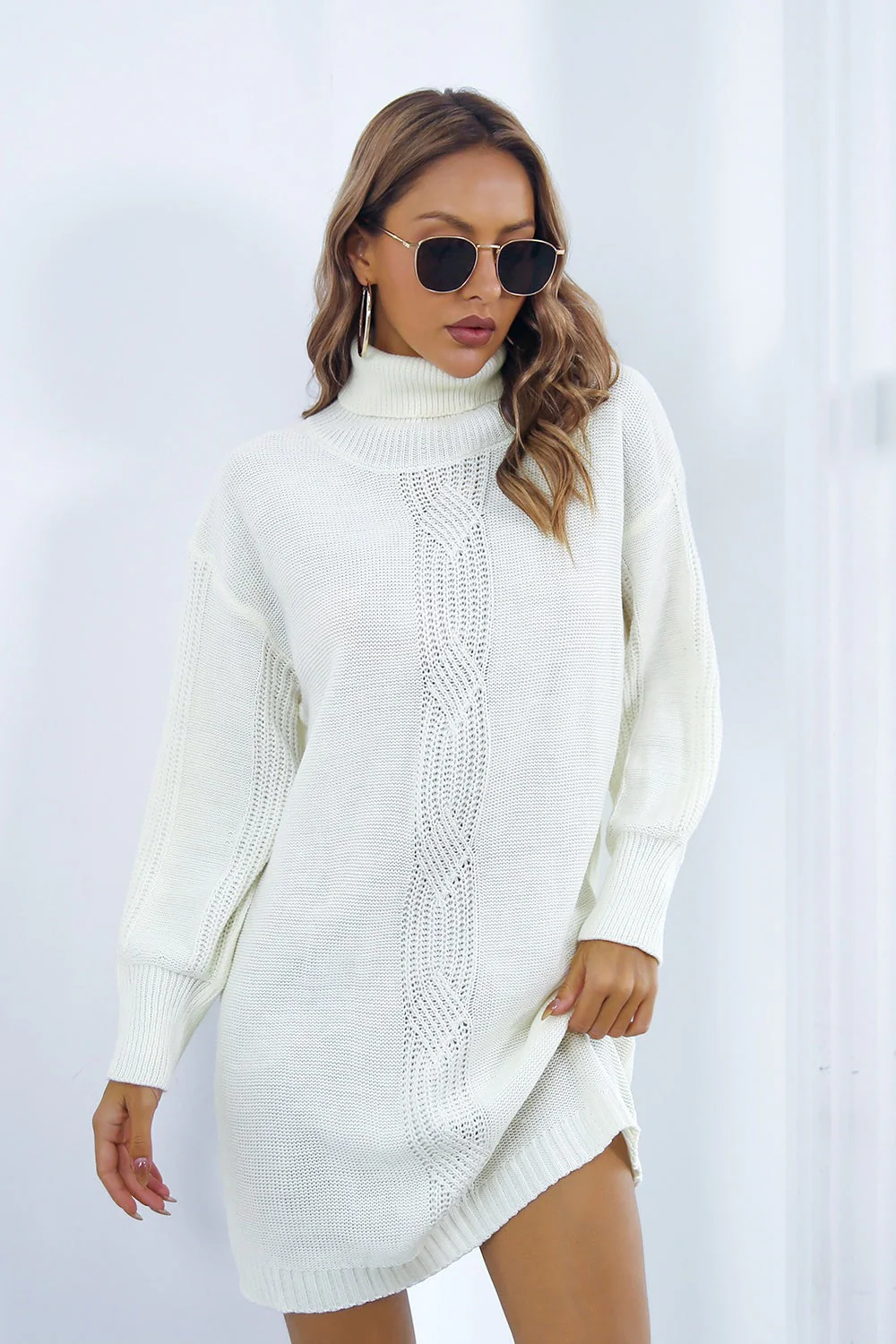 Cable Knit Turtleneck Sweater Dress - Image 4
