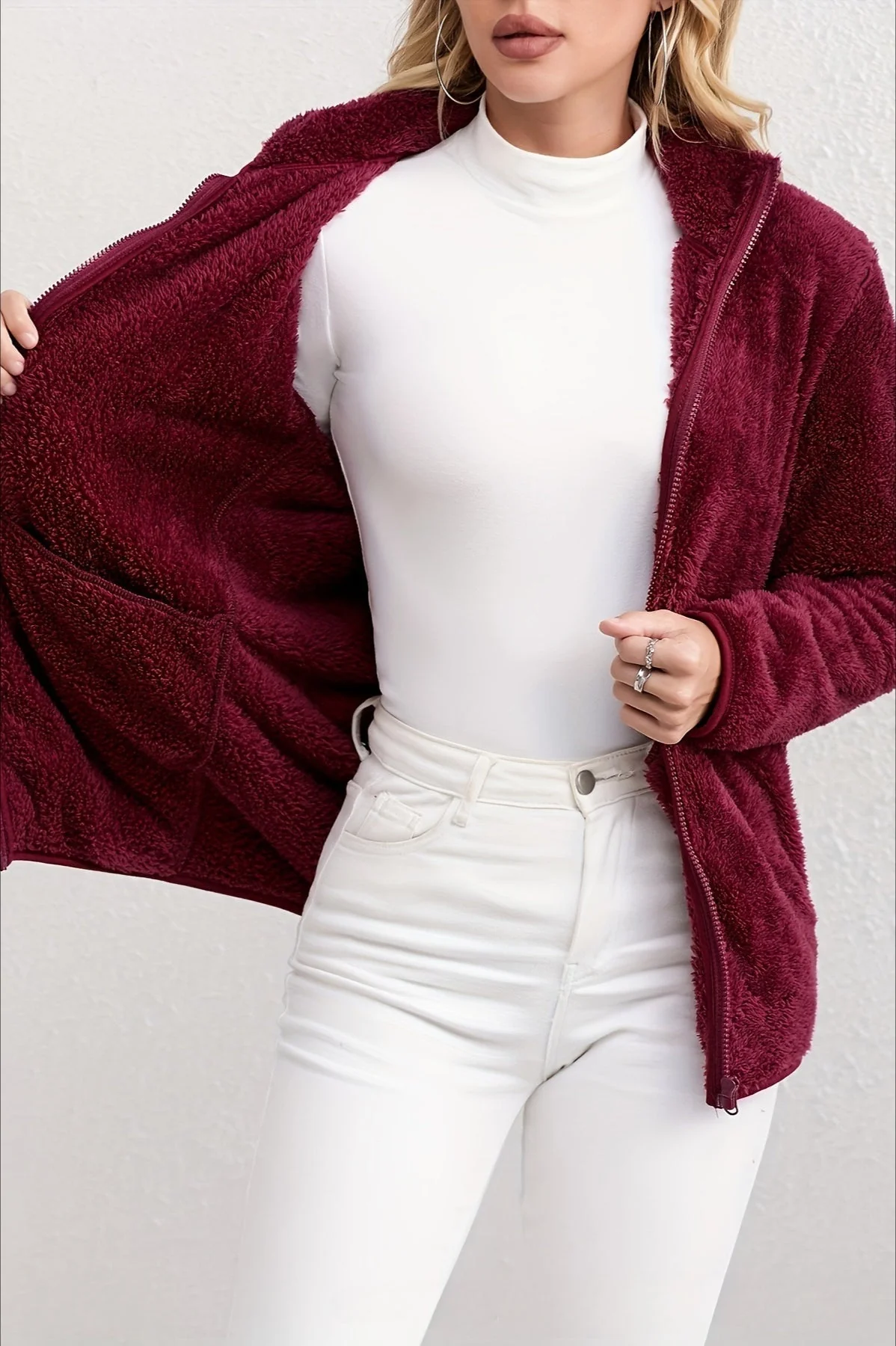 Casual Fuzzy Zipper Jacket - Image 2