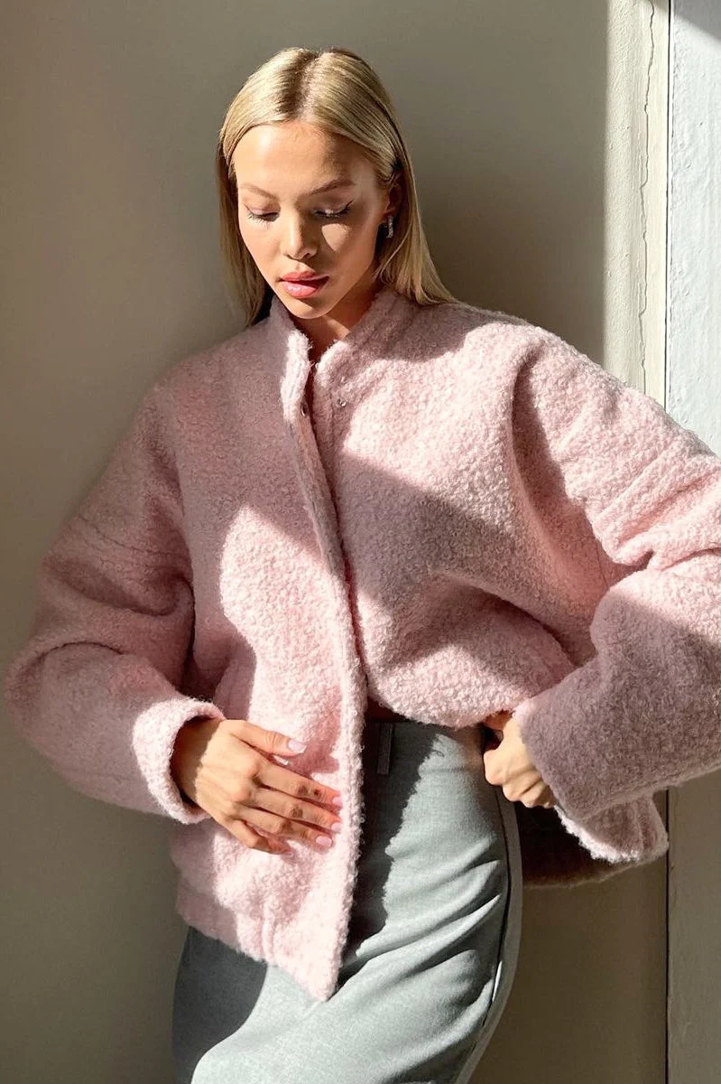 Casual Pink Faux Fur Short Jacket - Image 2