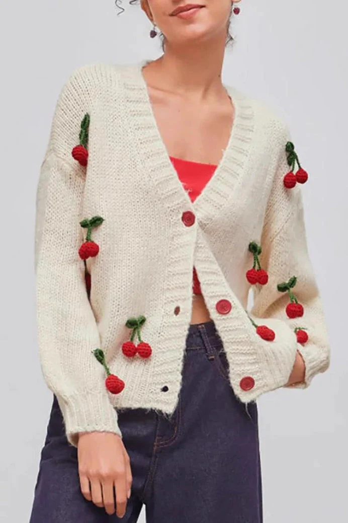 Cherry Embroidered Knit Cardigan Sweater - Image 2