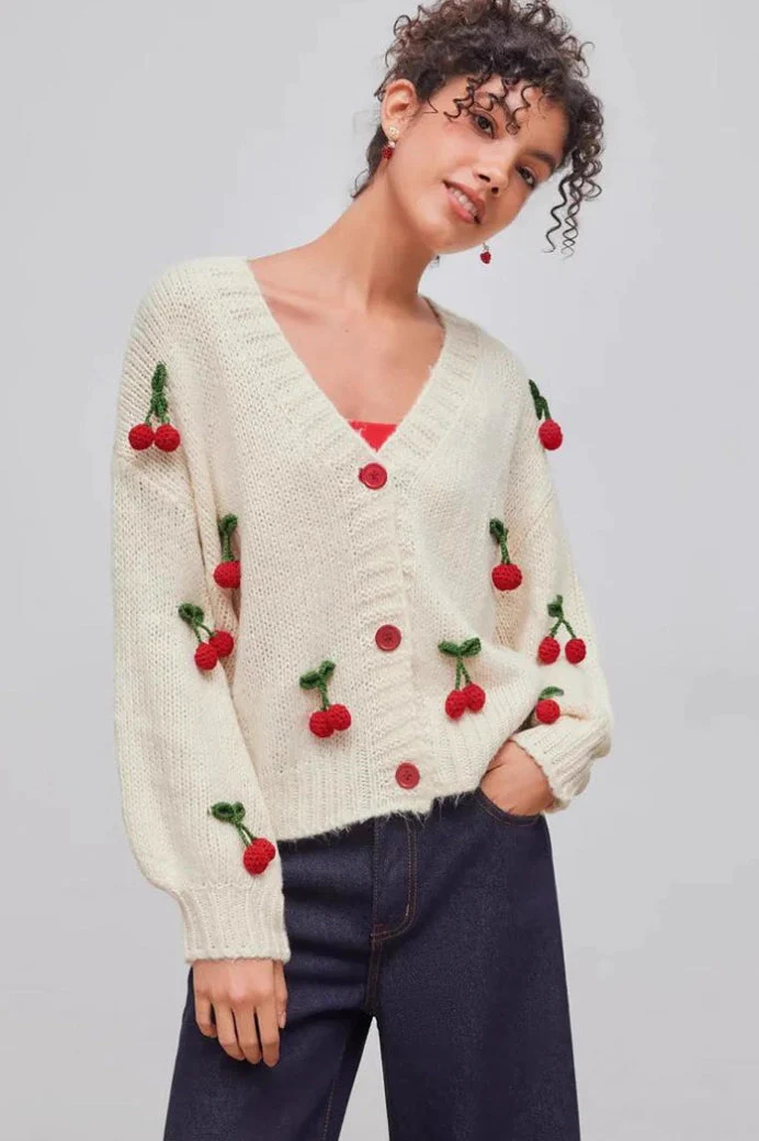 Cherry Embroidered Knit Cardigan Sweater - Image 3