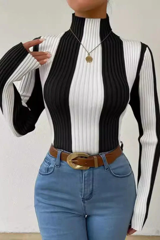 Classic Black White Vertical Stripe Knit Top - Image 5