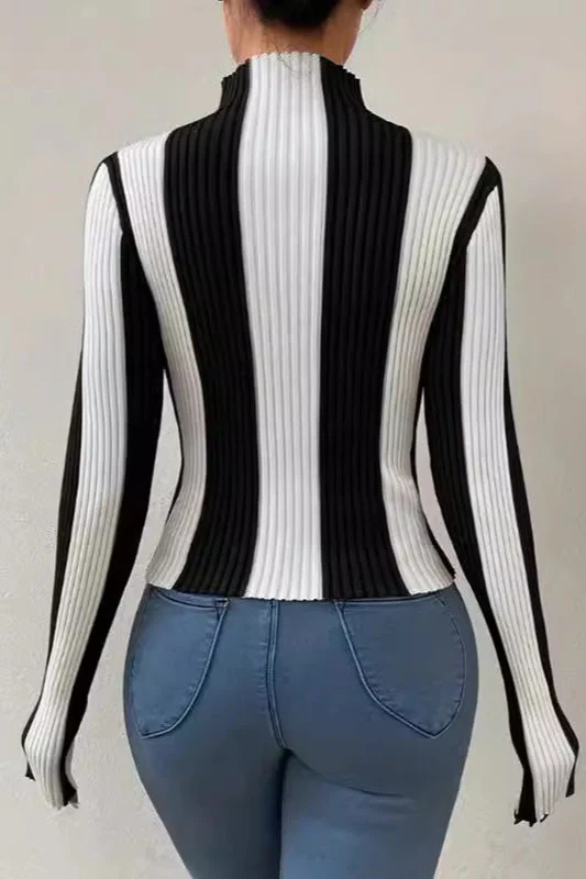 Classic Black White Vertical Stripe Knit Top - Image 7