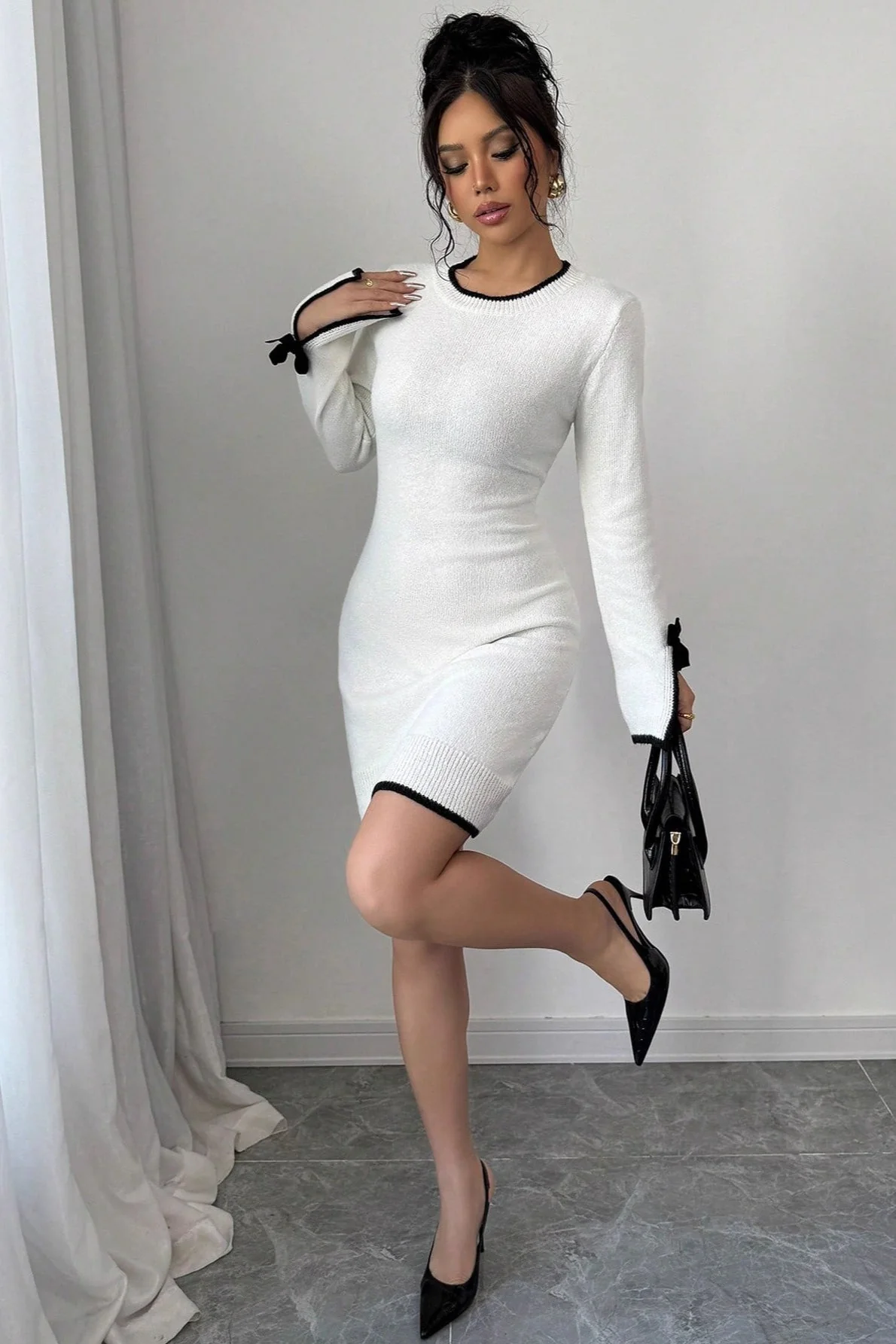 Color-Block Long Sleeve Knit Slim Sweater Dress - Image 3