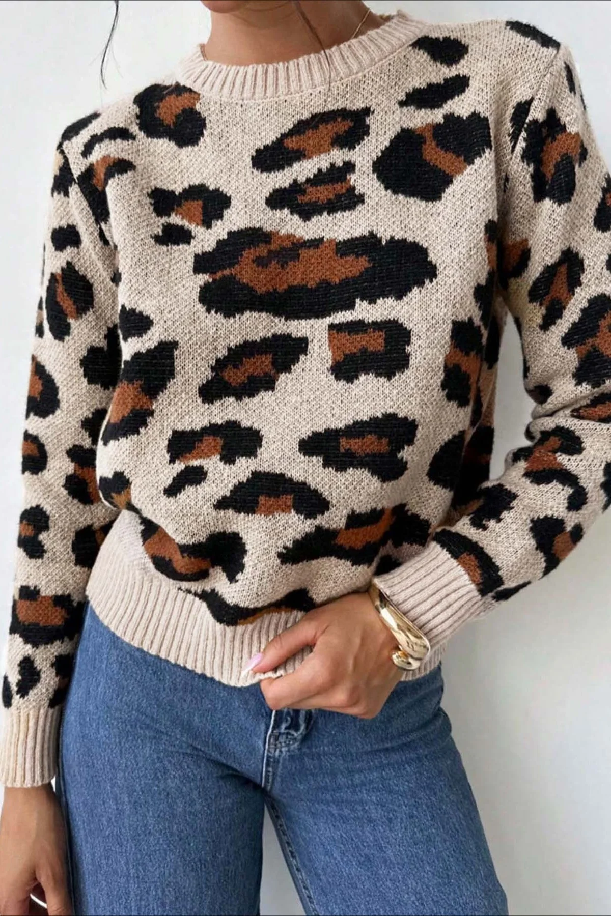 Colorblock Leopard Crewneck Sweater - Image 11
