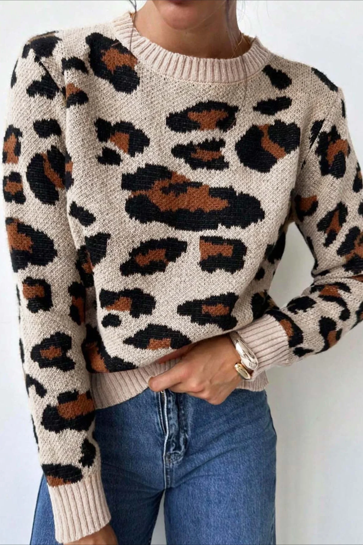 Colorblock Leopard Crewneck Sweater - Image 12