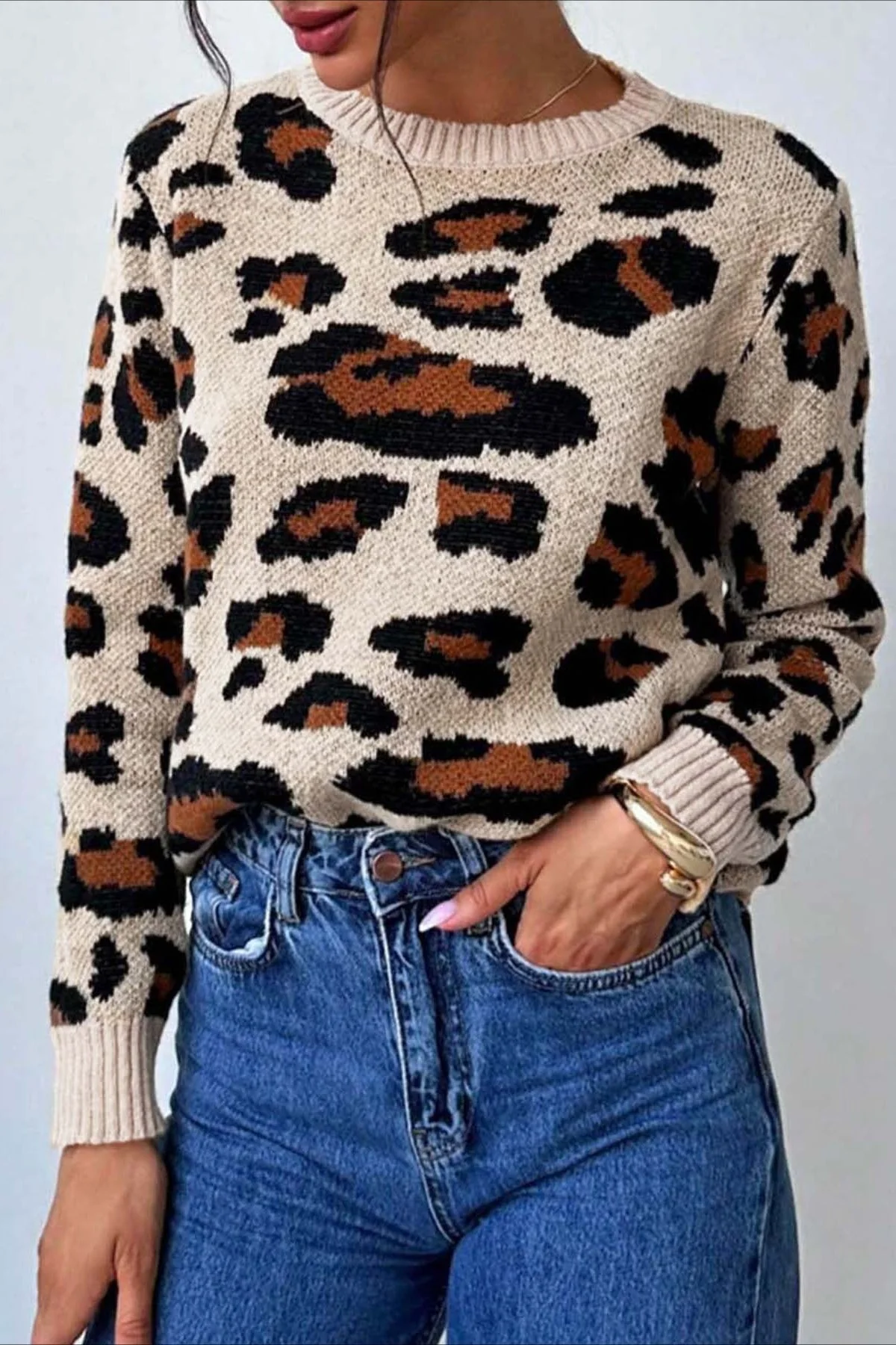 Colorblock Leopard Crewneck Sweater - Image 8