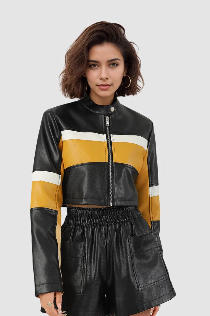 Colorblock PU Cropped Jacket - Image 2