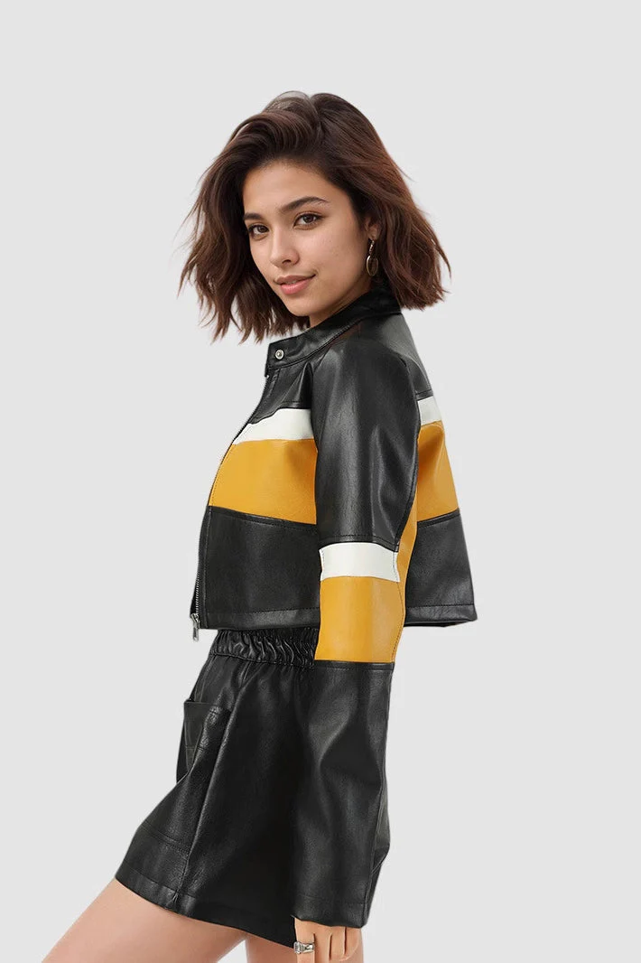 Colorblock PU Cropped Jacket - Image 3