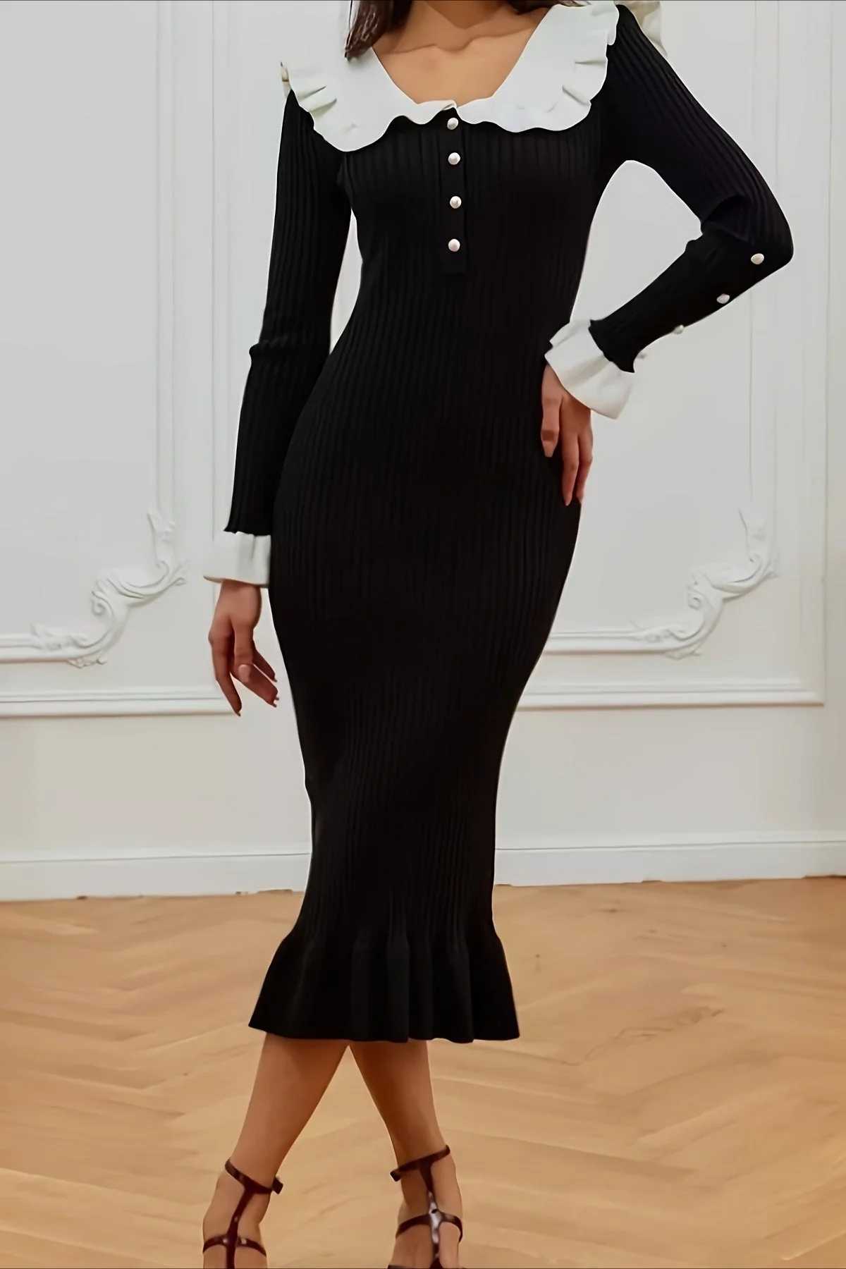 Contrast Ruffled Slim French Knit Sweater Dress - Image 2
