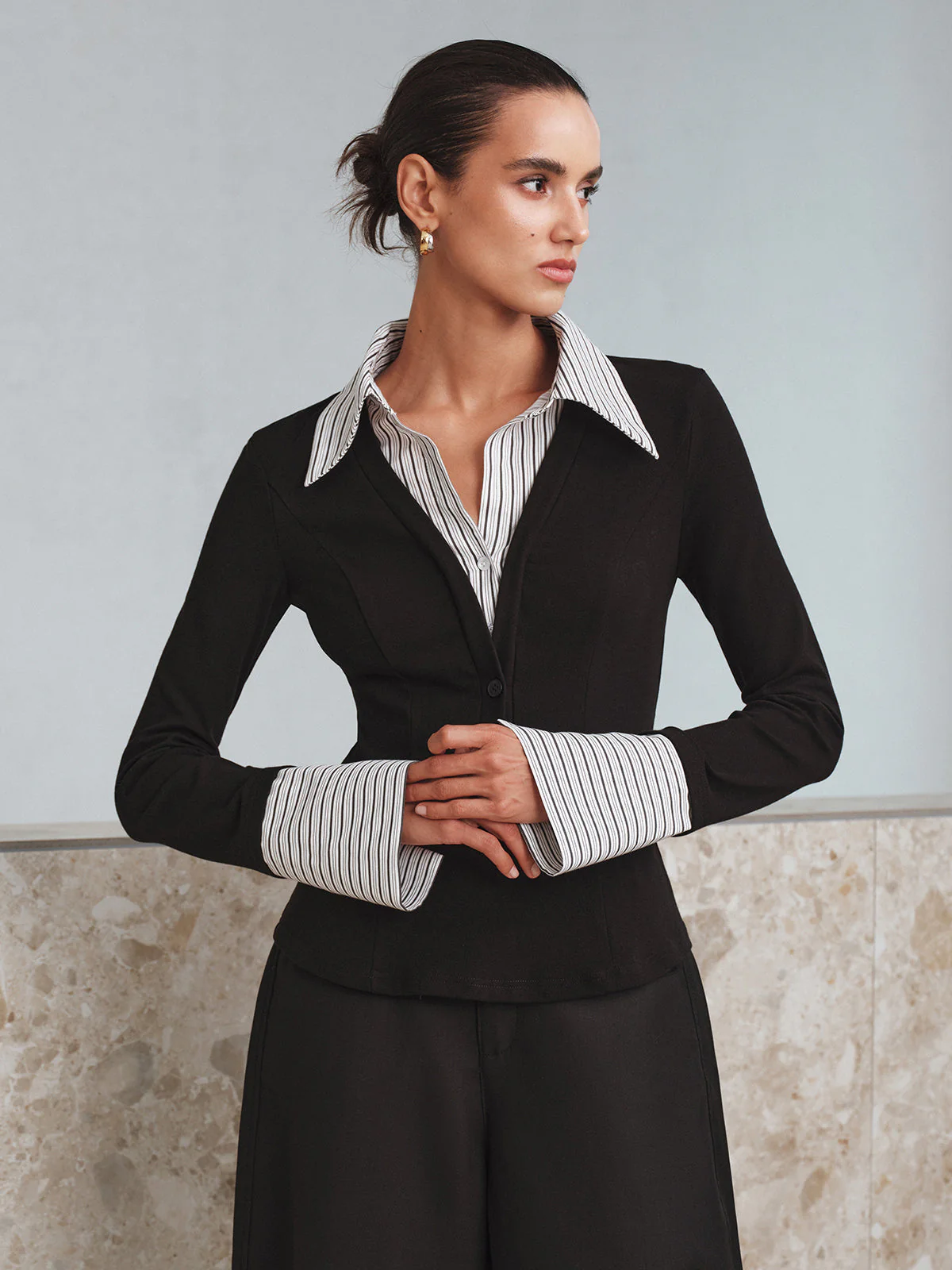 Mock Two-Piece Long-Sleeve Two Tone Polo Top - Image 2