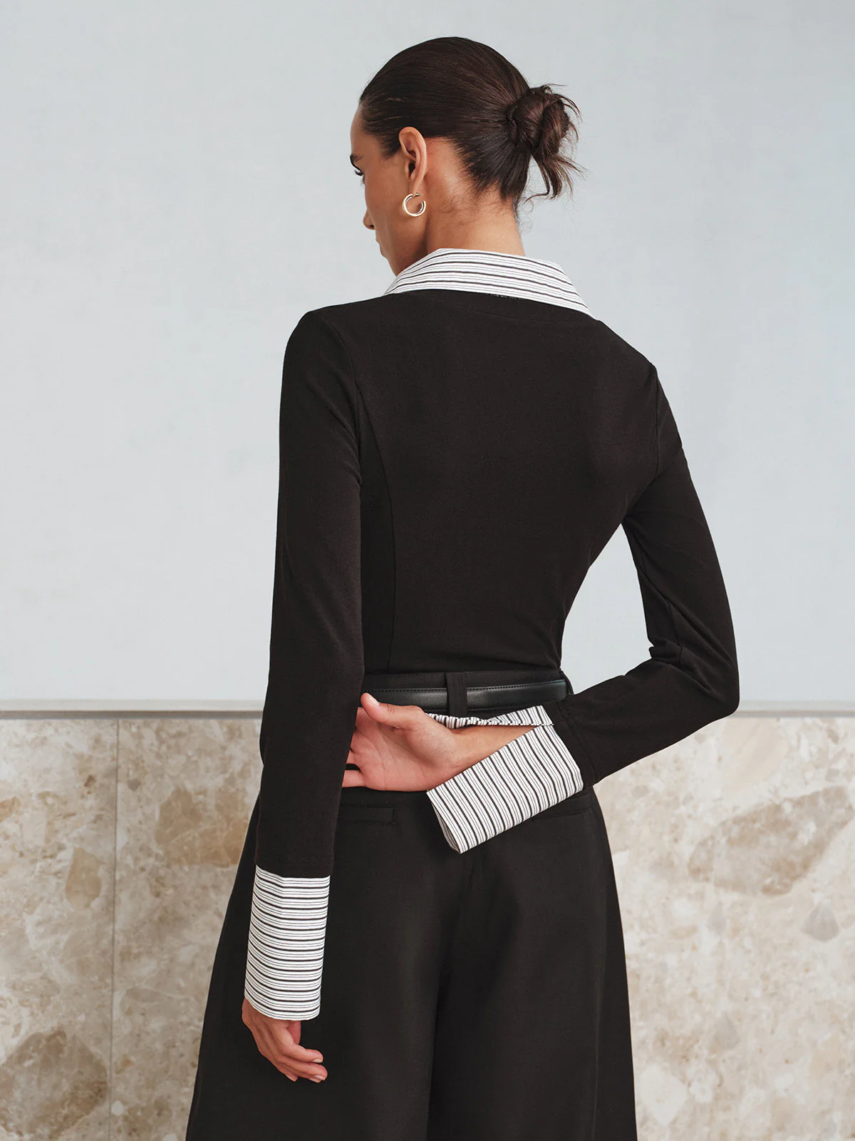 Mock Two-Piece Long-Sleeve Two Tone Polo Top - Image 3