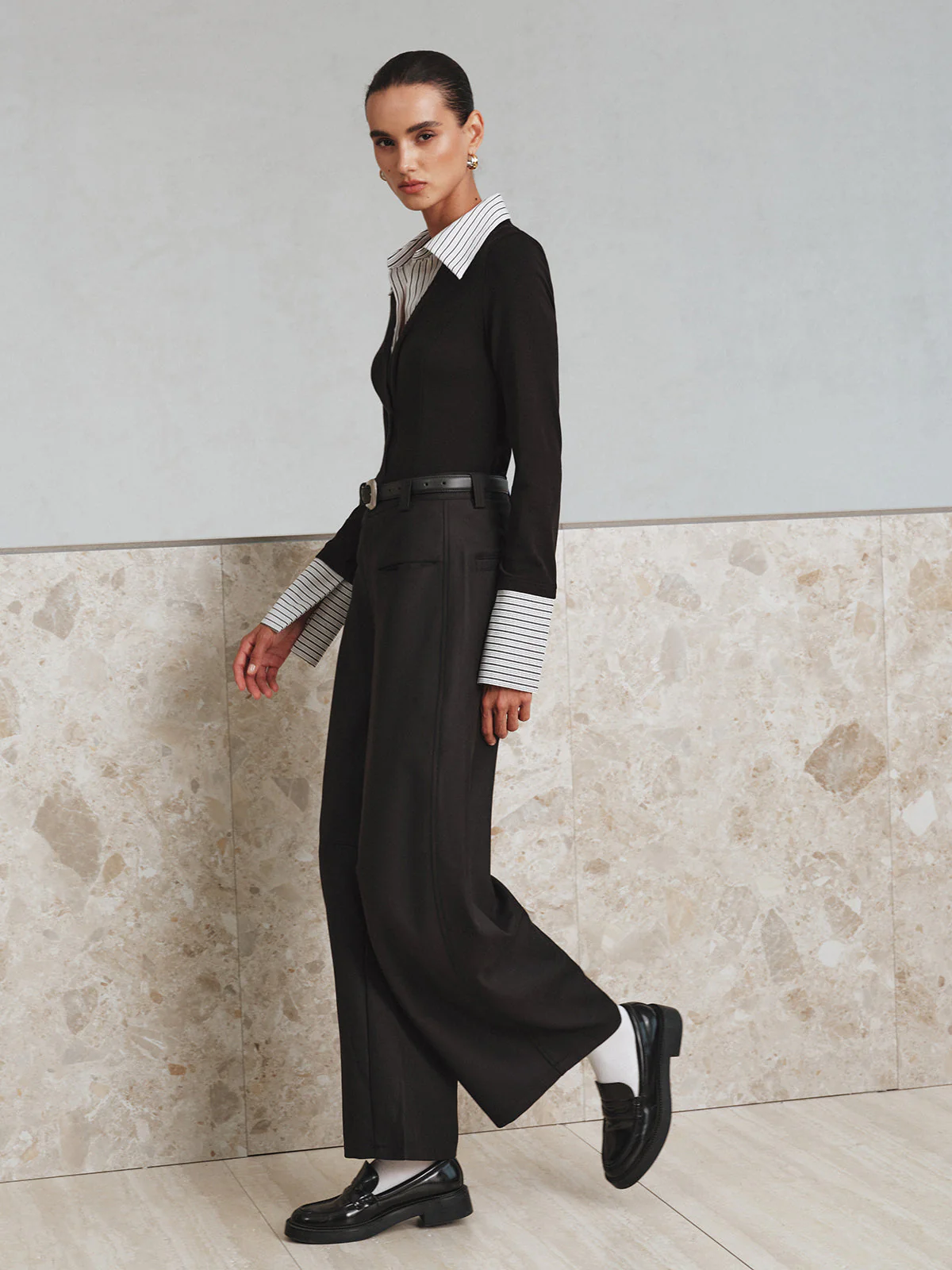 Mock Two-Piece Long-Sleeve Two Tone Polo Top - Image 5