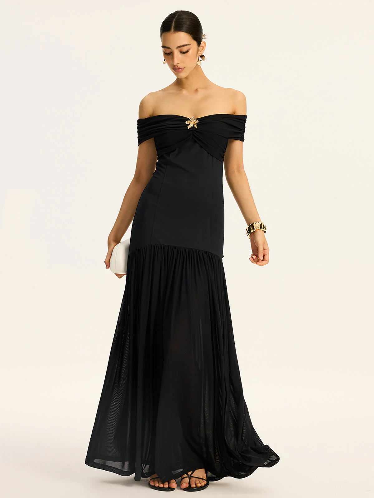 Semi-Sheer Off-Shoulder Ruched Mesh-Paneled Maxi Dress - Image 2