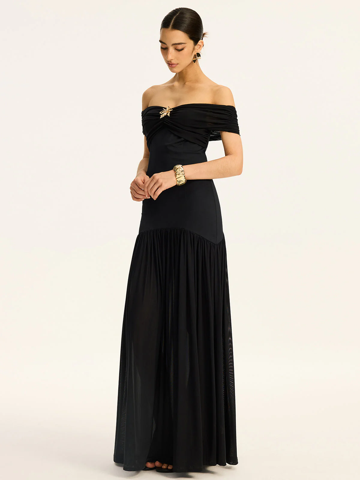 Semi-Sheer Off-Shoulder Ruched Mesh-Paneled Maxi Dress - Image 4