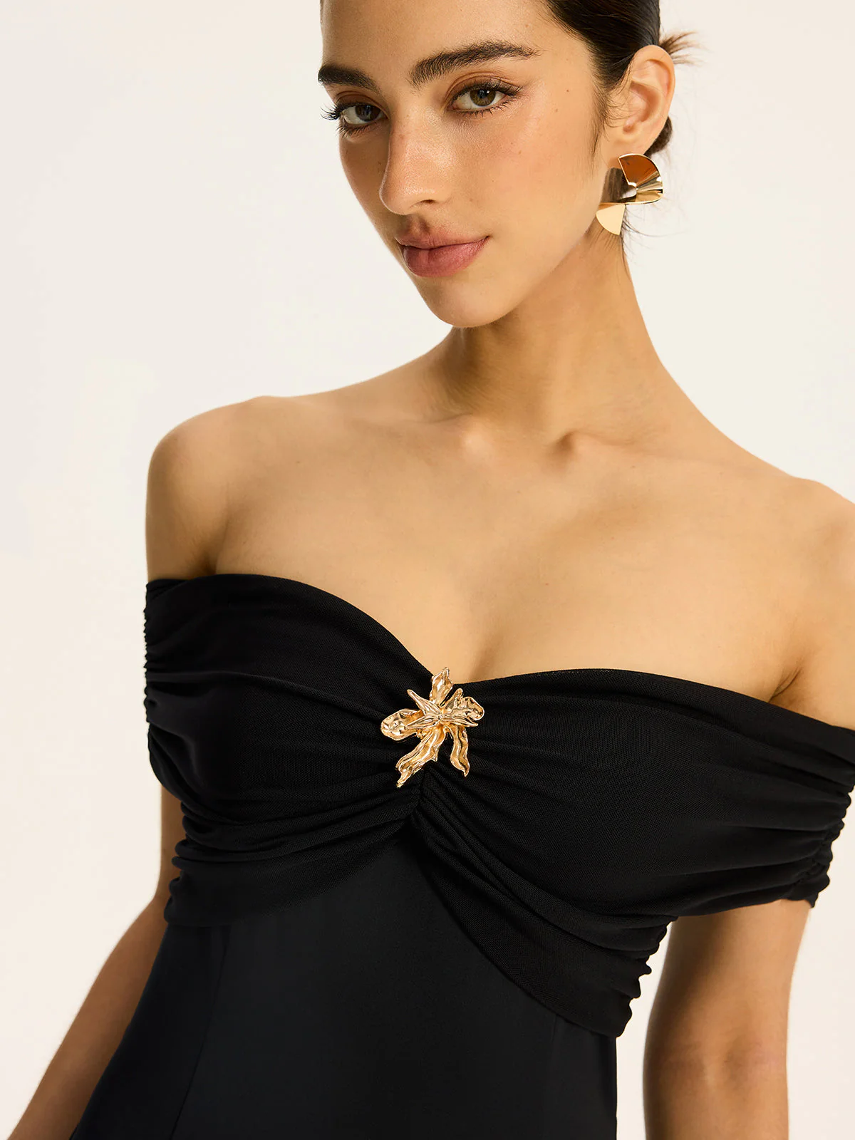 Semi-Sheer Off-Shoulder Ruched Mesh-Paneled Maxi Dress - Image 5