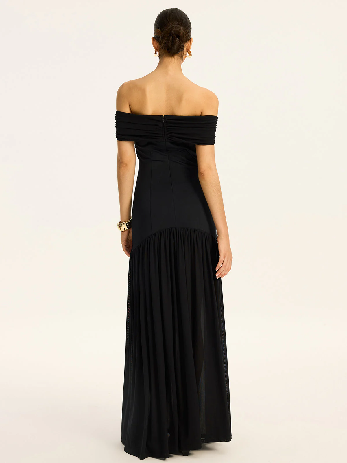 Semi-Sheer Off-Shoulder Ruched Mesh-Paneled Maxi Dress - Image 6