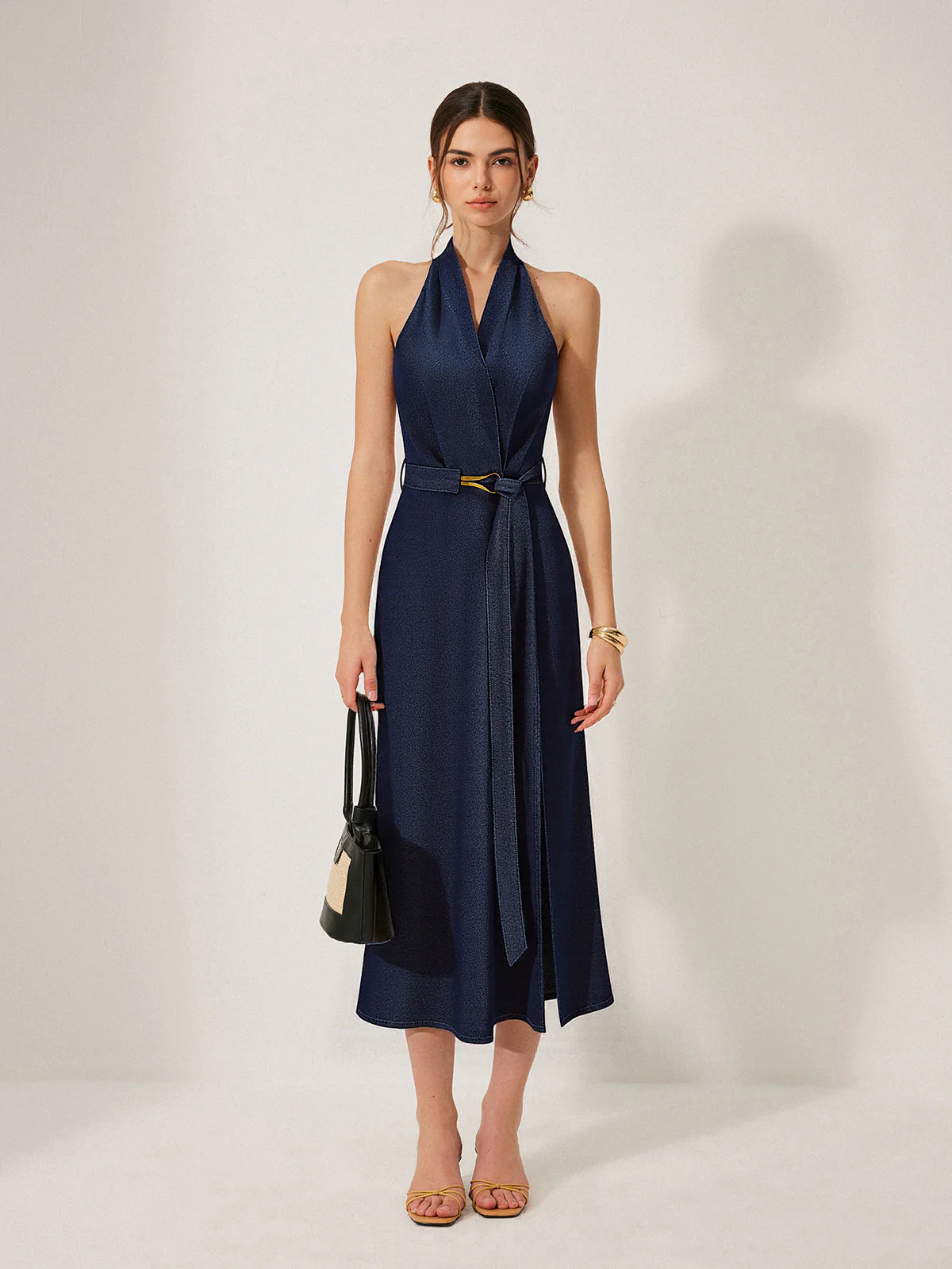 Denim Belted Halter Neck Midi Dress