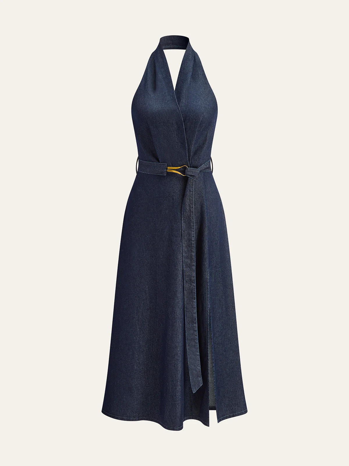 Denim Belted Halter Neck Midi Dress - Image 2