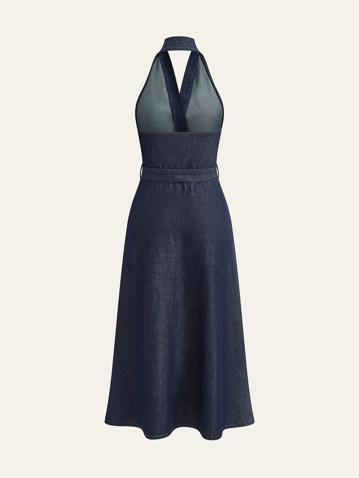 Denim Belted Halter Neck Midi Dress - Image 3