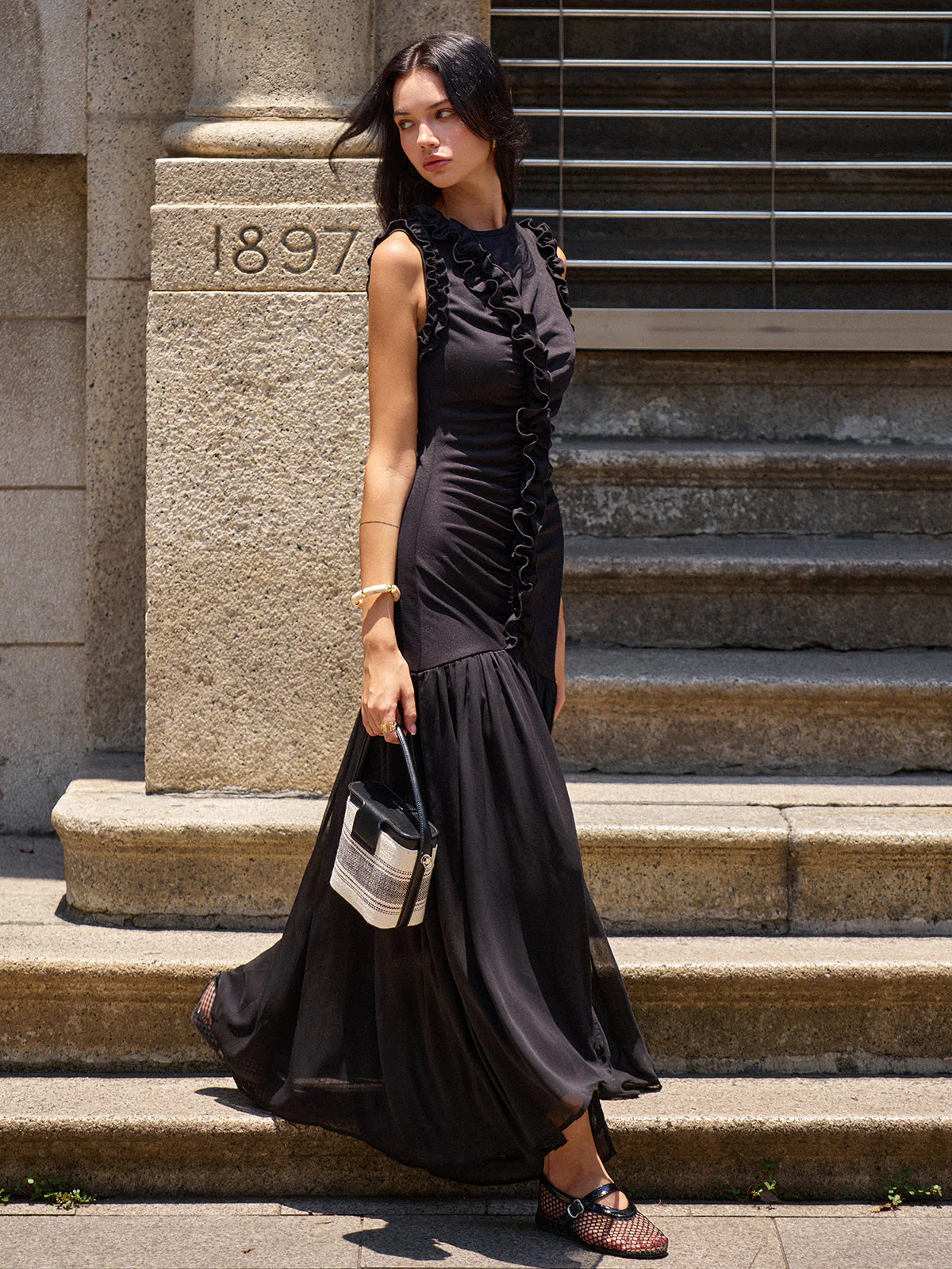 Ruffled Detail Ruched-Front Maxi Dress - Image 4