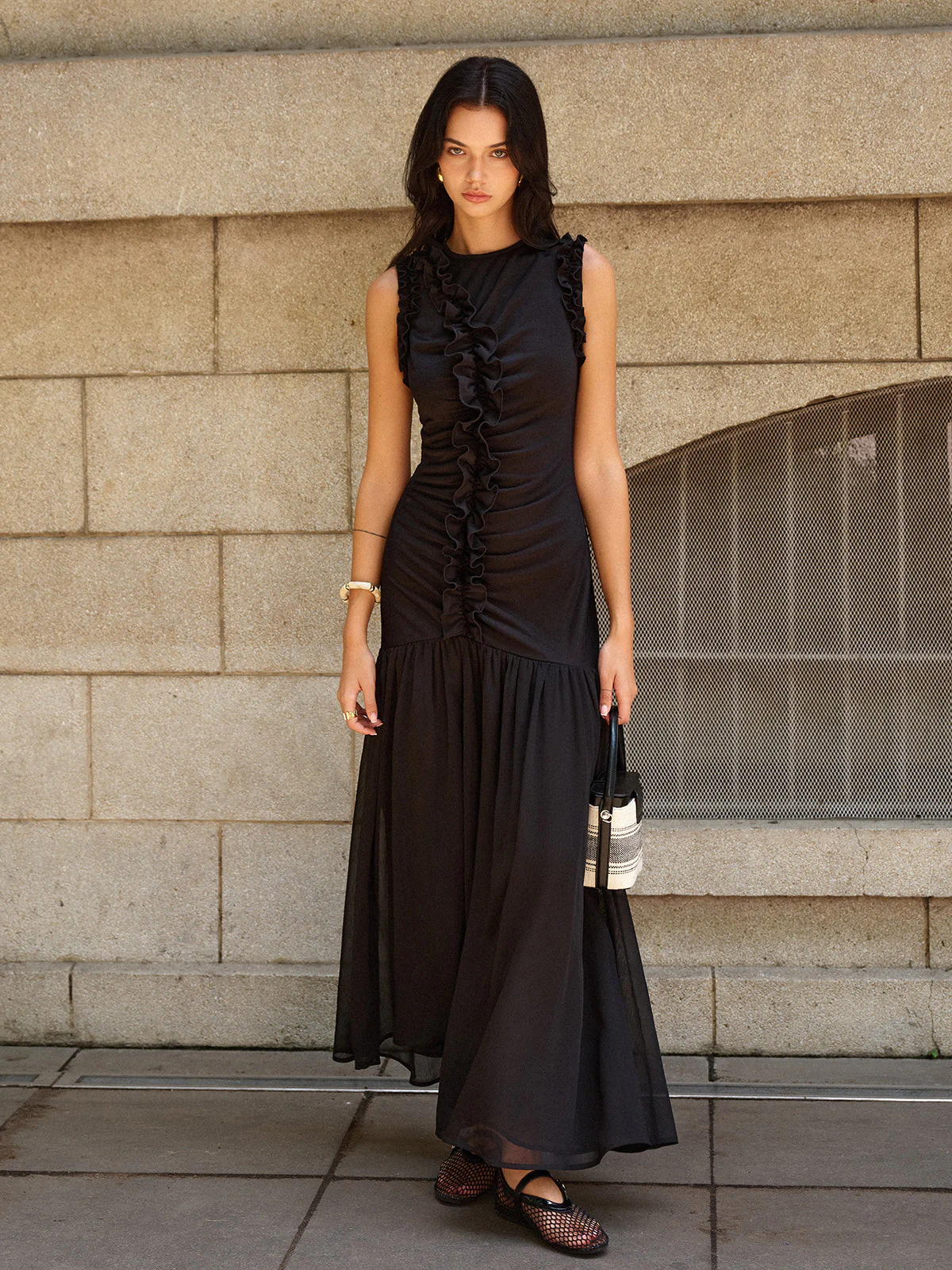 Ruffled Detail Ruched-Front Maxi Dress - Image 6