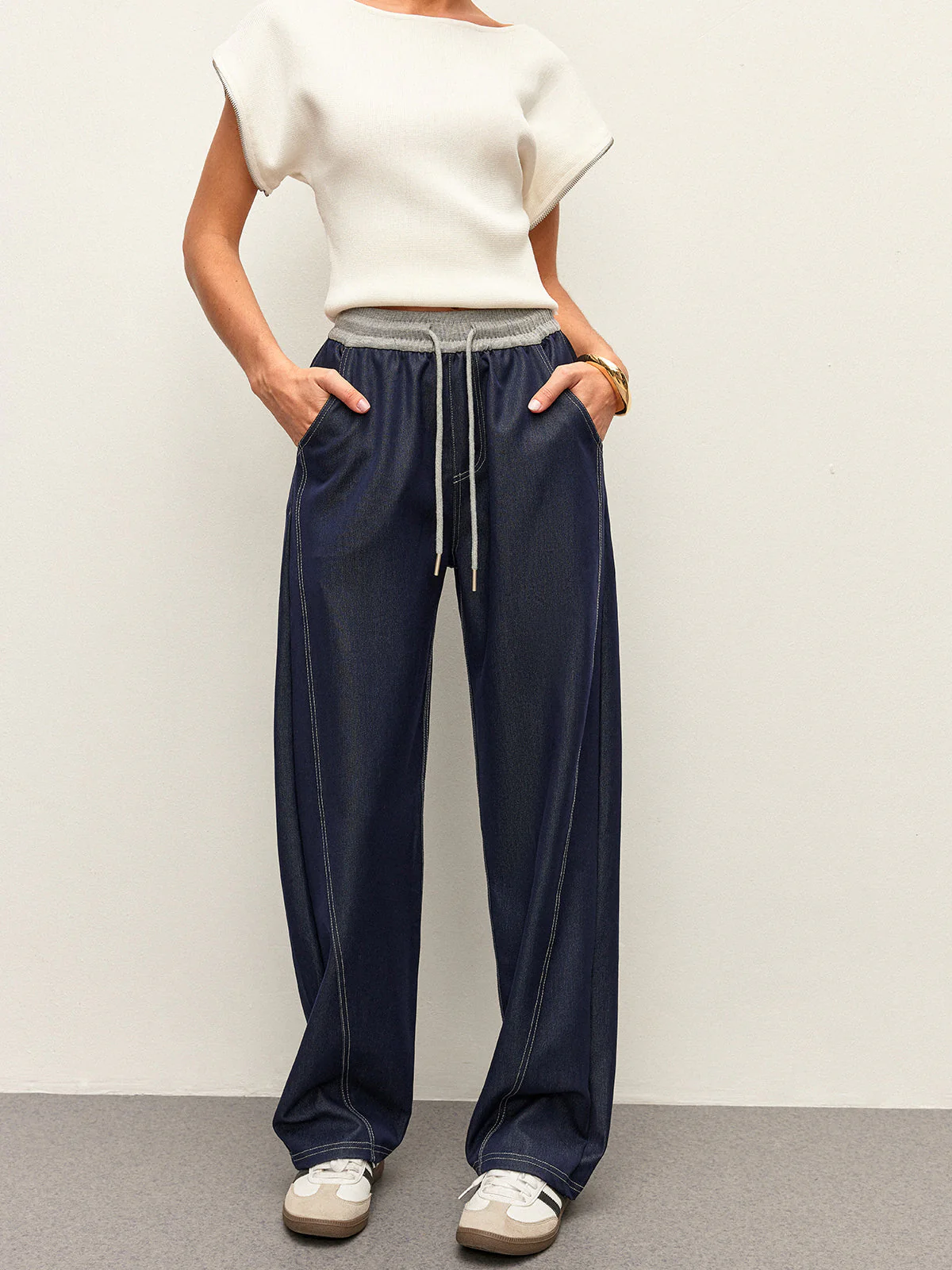 High-Waist Drawstring Denim Pants With Pockets - Image 4