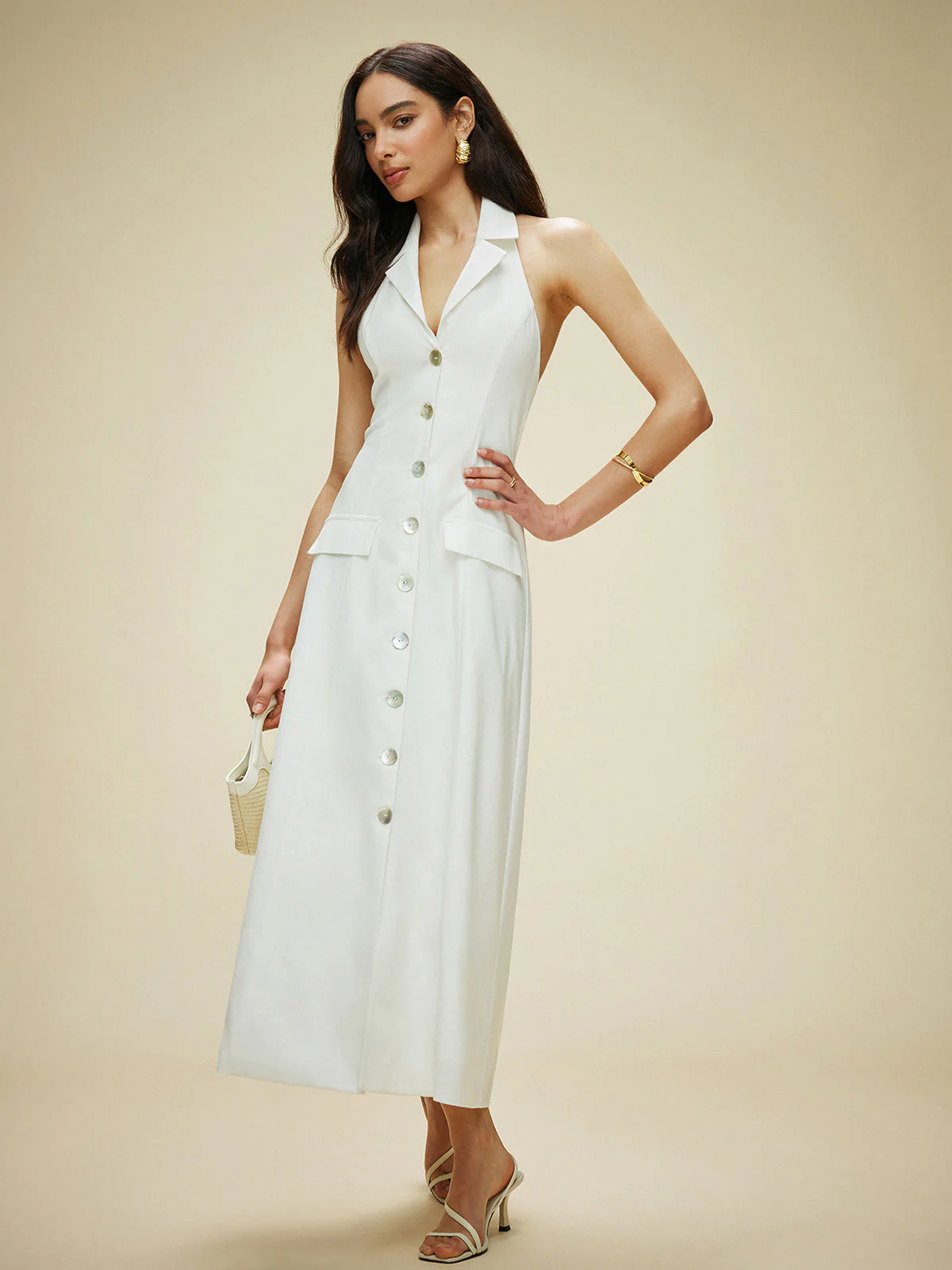 Cotton & Linen Pocket-Detail Halter Neck Tie-Back Dress - Image 2