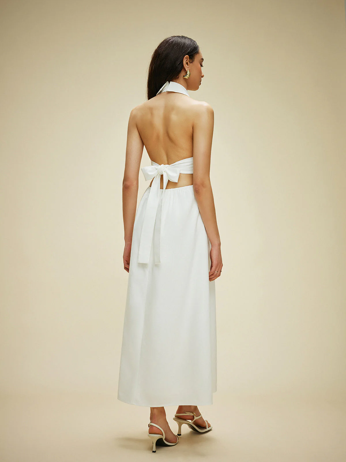 Cotton & Linen Pocket-Detail Halter Neck Tie-Back Dress - Image 7