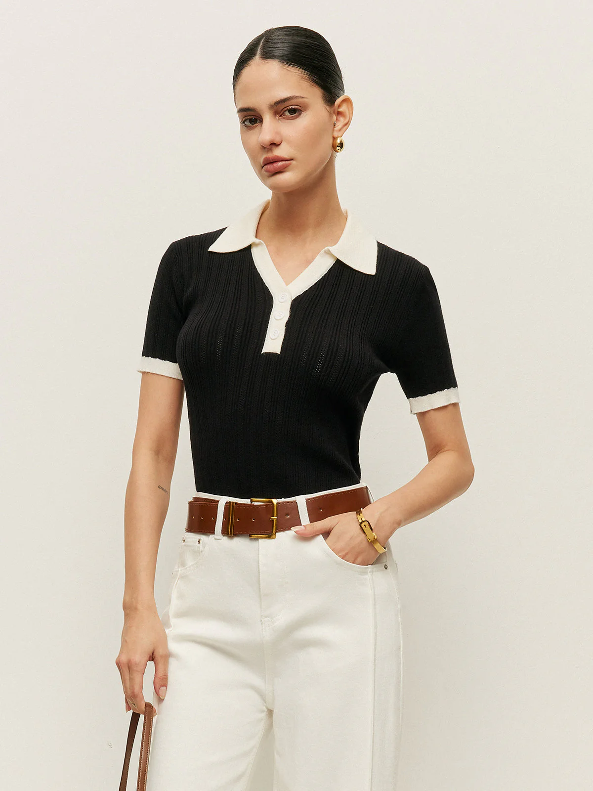 Collared Button Detail Ribbed Knit Top - Image 3
