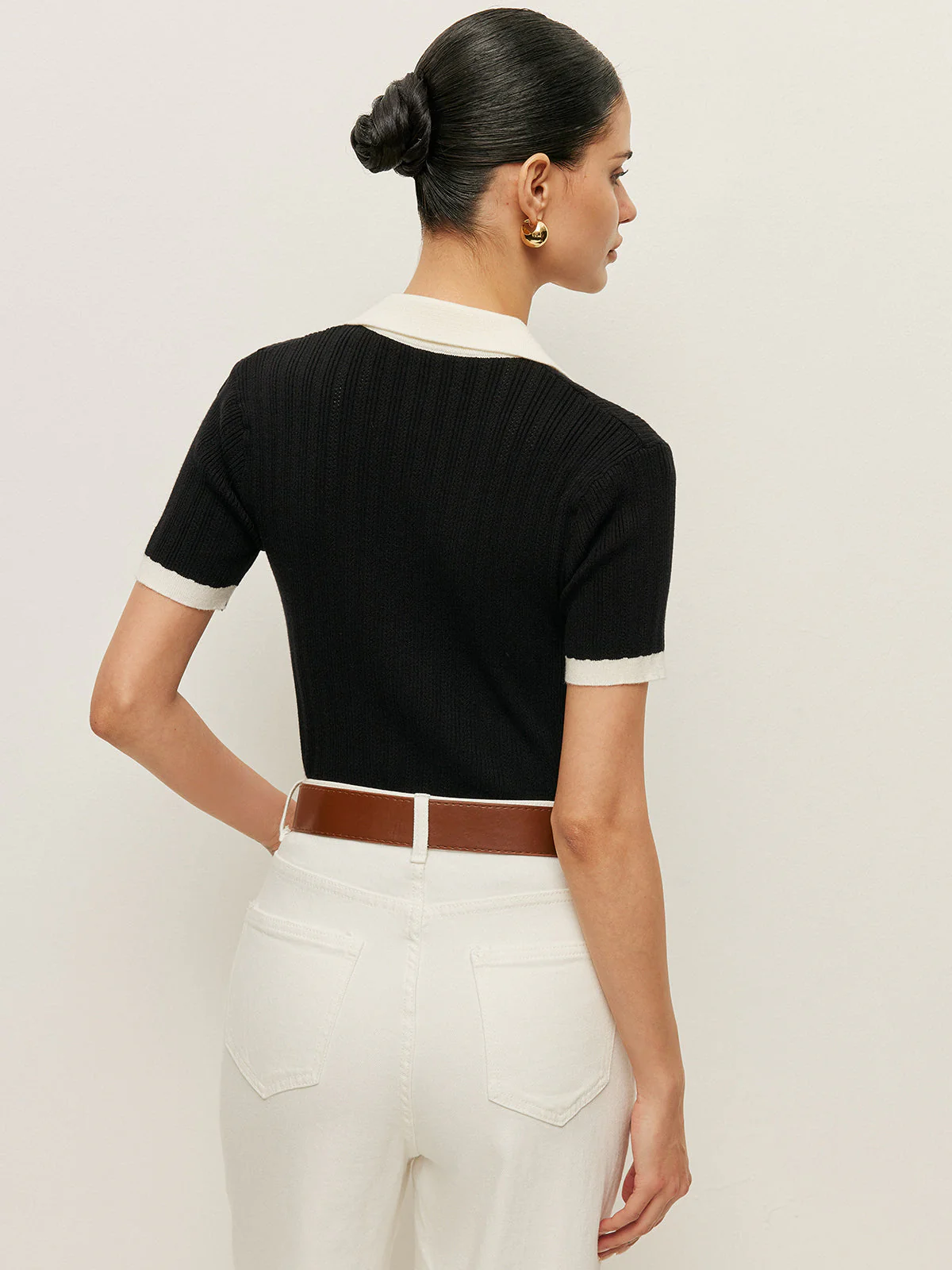 Collared Button Detail Ribbed Knit Top - Image 4