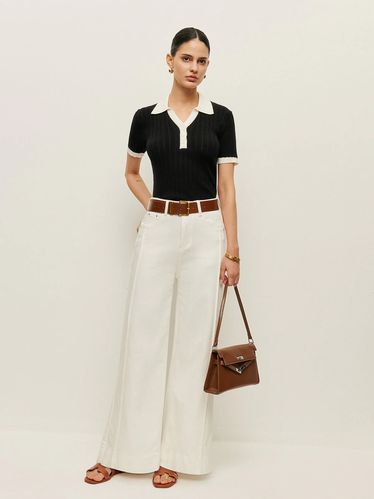 Collared Button Detail Ribbed Knit Top - Image 5