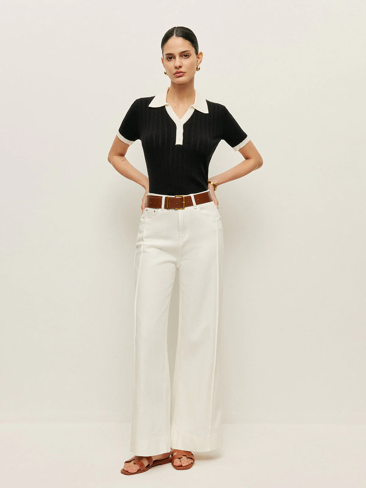 Collared Button Detail Ribbed Knit Top - Image 6