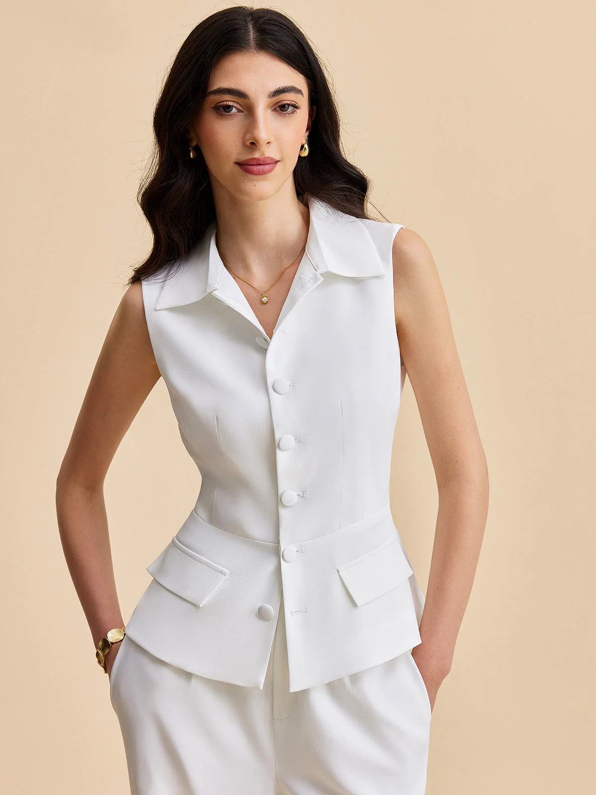 Pockets Buttoned Sleeveless Pants Set - Image 2
