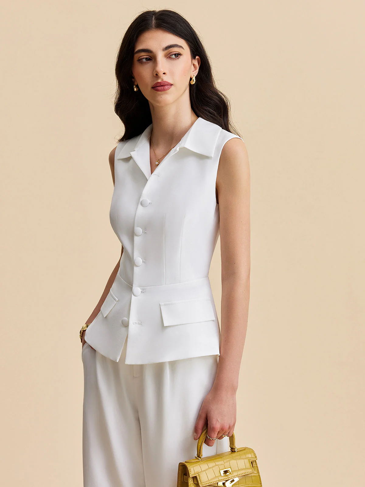 Pockets Buttoned Sleeveless Pants Set - Image 3