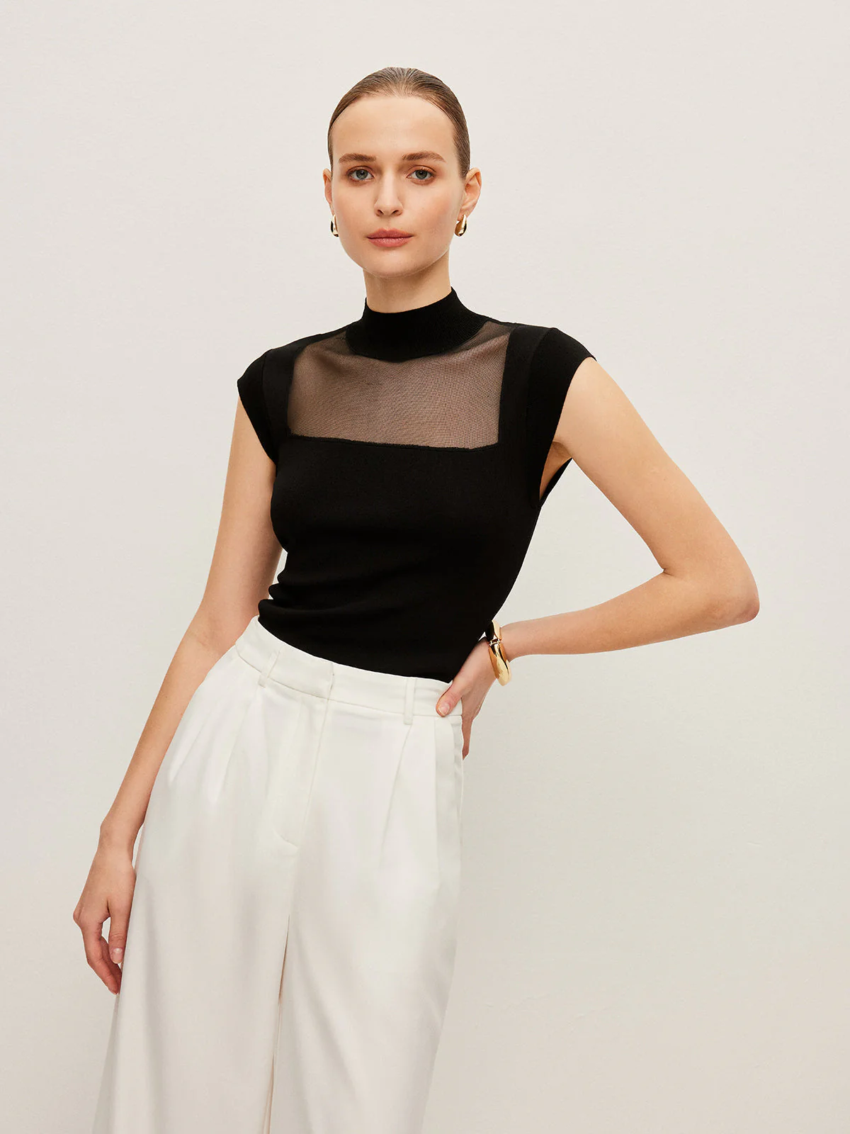 Mesh Panel Mock Neck Top - Image 10