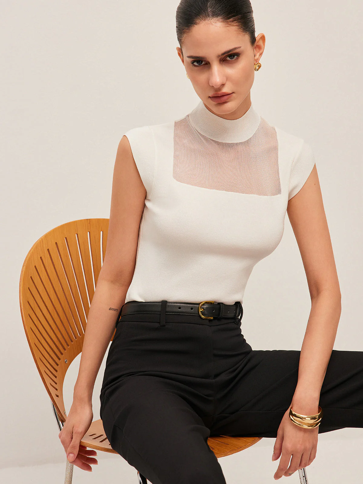Mesh Panel Mock Neck Top - Image 5