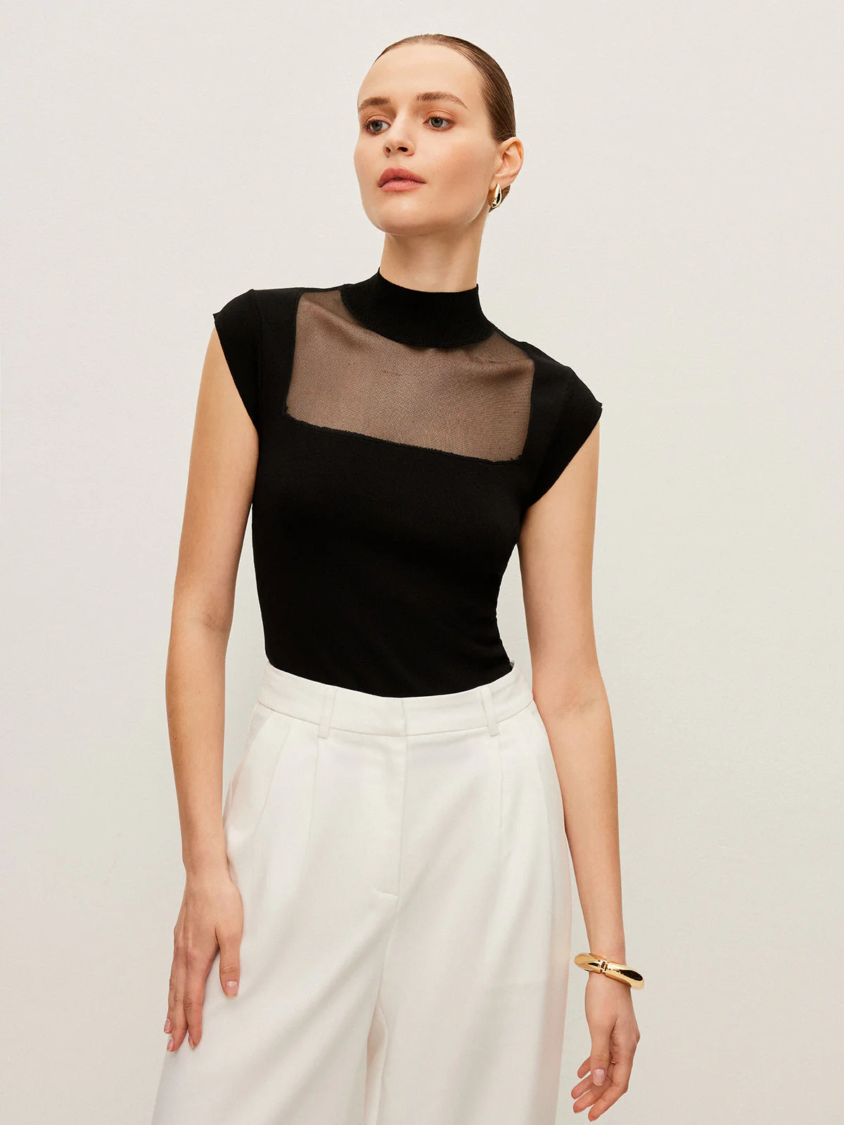 Mesh Panel Mock Neck Top - Image 8