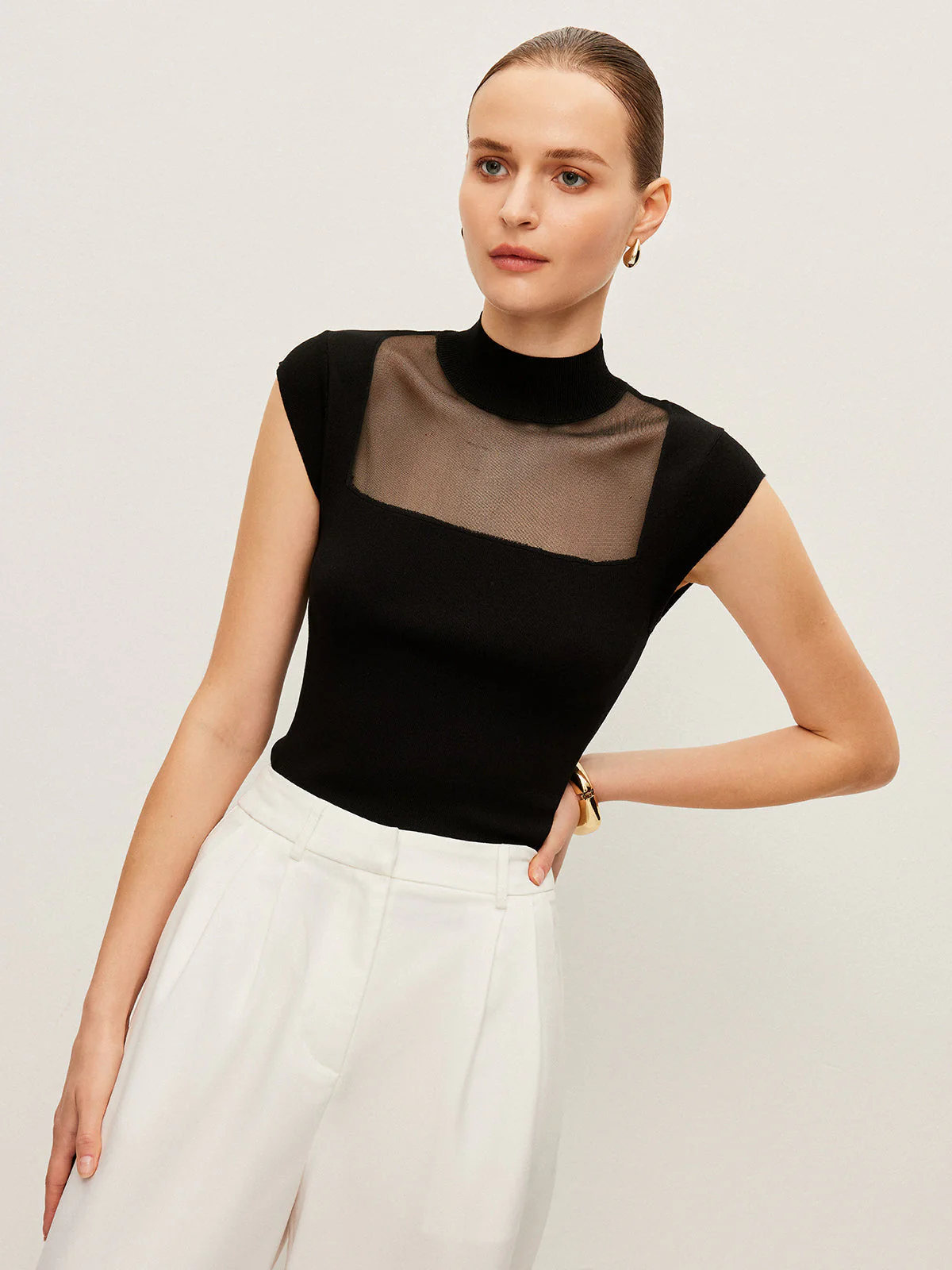 Mesh Panel Mock Neck Top - Image 9