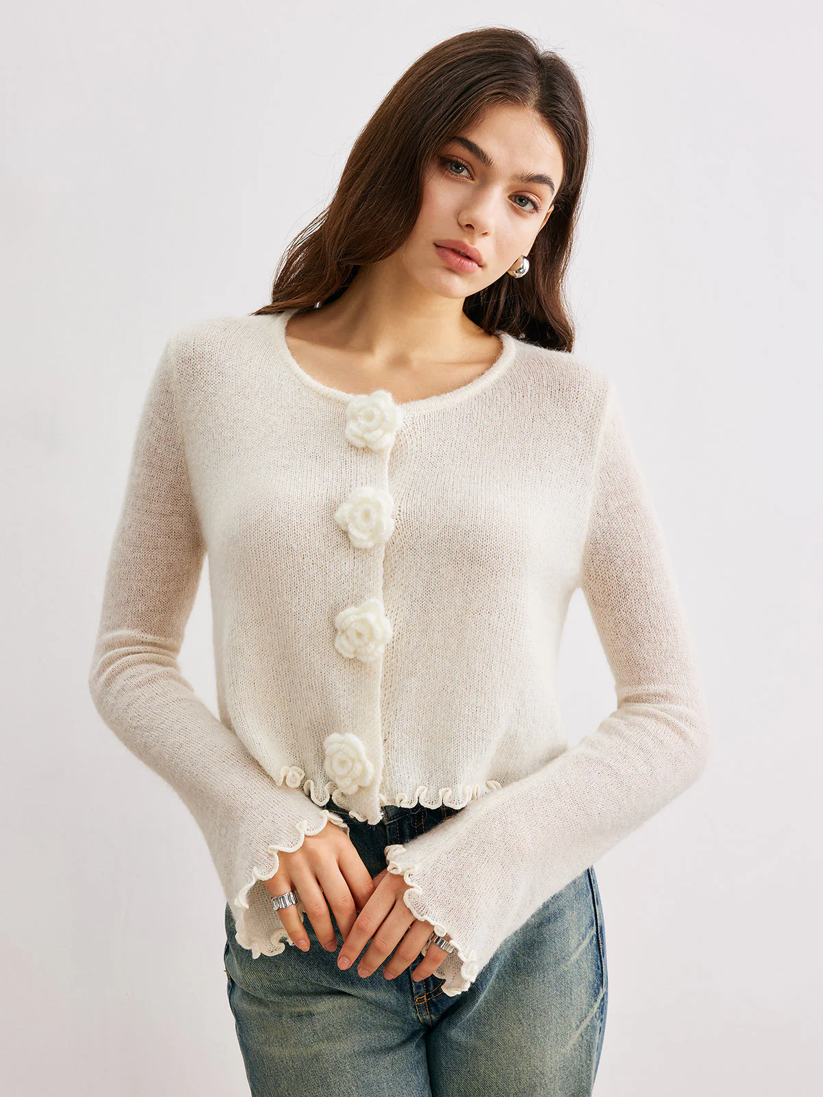 Wool-Blend Lettuce Trim 3D Flower Cardigan - Image 2
