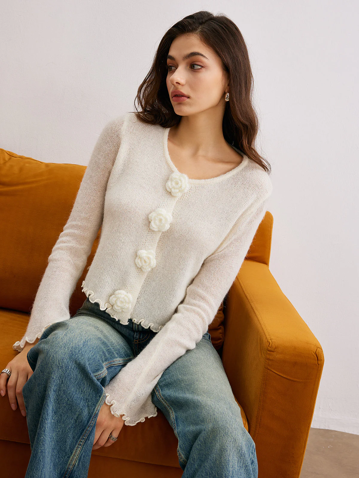 Wool-Blend Lettuce Trim 3D Flower Cardigan - Image 4
