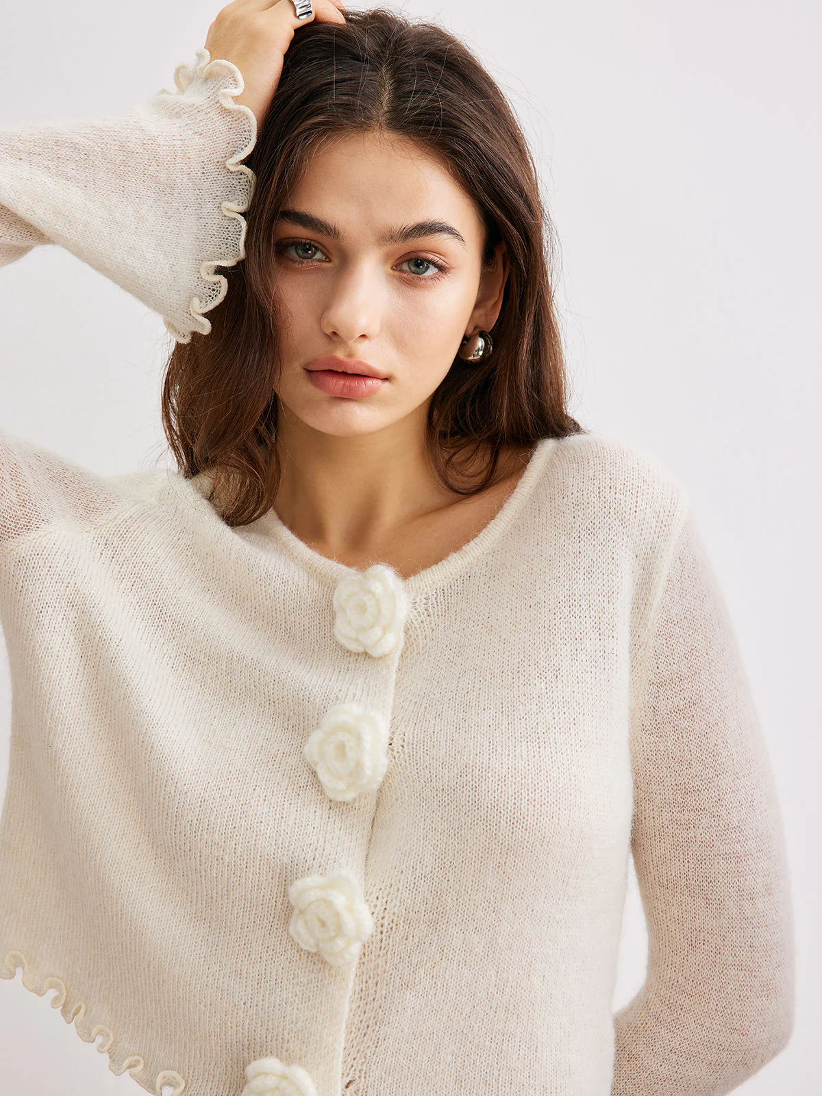 Wool-Blend Lettuce Trim 3D Flower Cardigan - Image 5