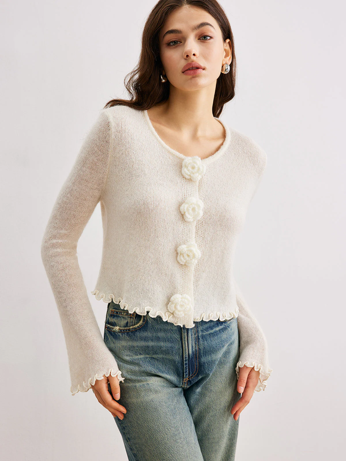 Wool-Blend Lettuce Trim 3D Flower Cardigan - Image 6