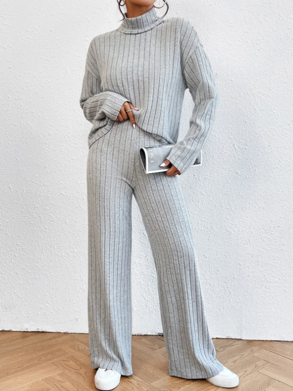 Mock Neck Ribbed Cozy Pants Set - Image 2