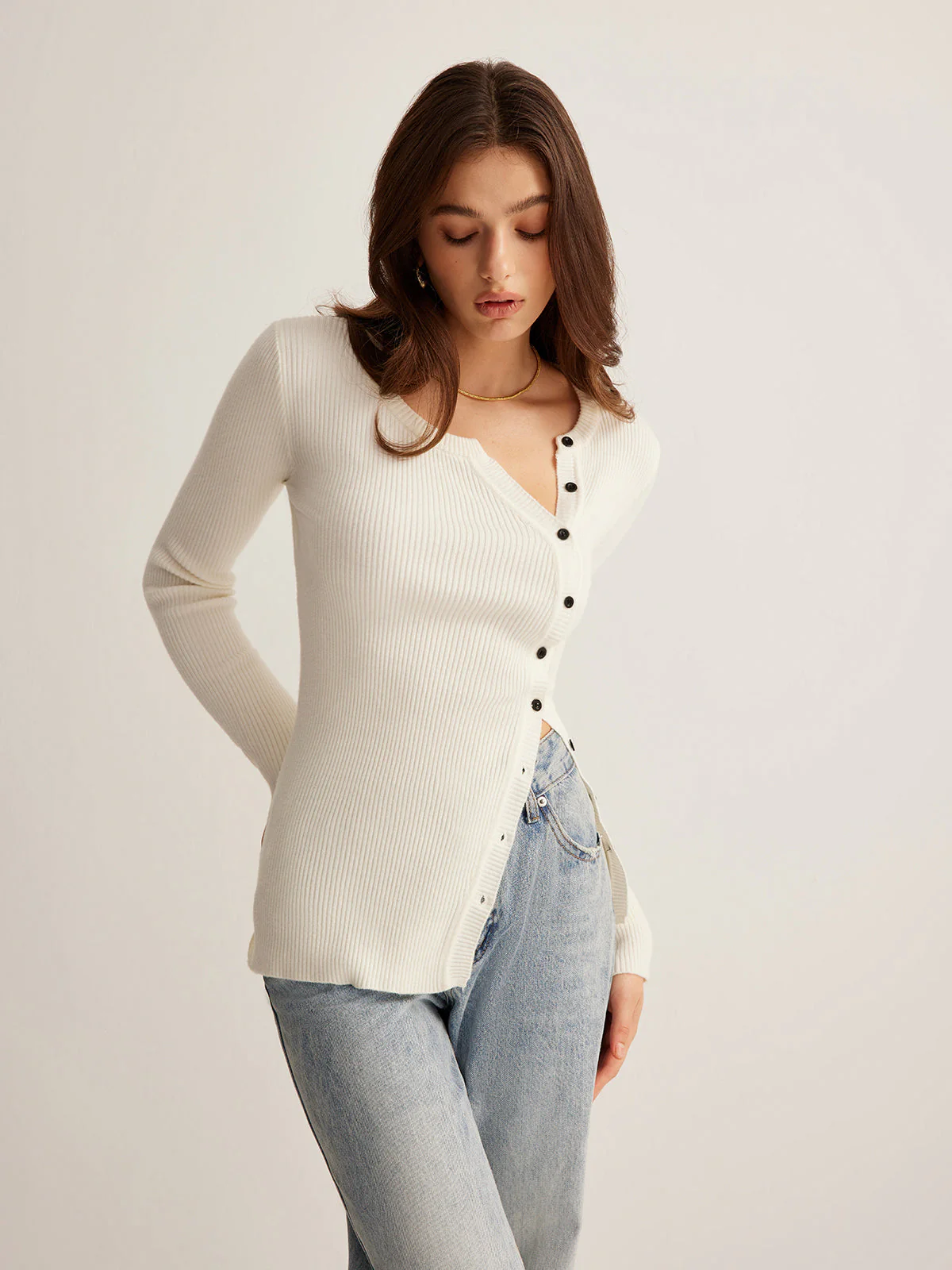 Plain Asymmetrical Breasted Sweater - Image 10