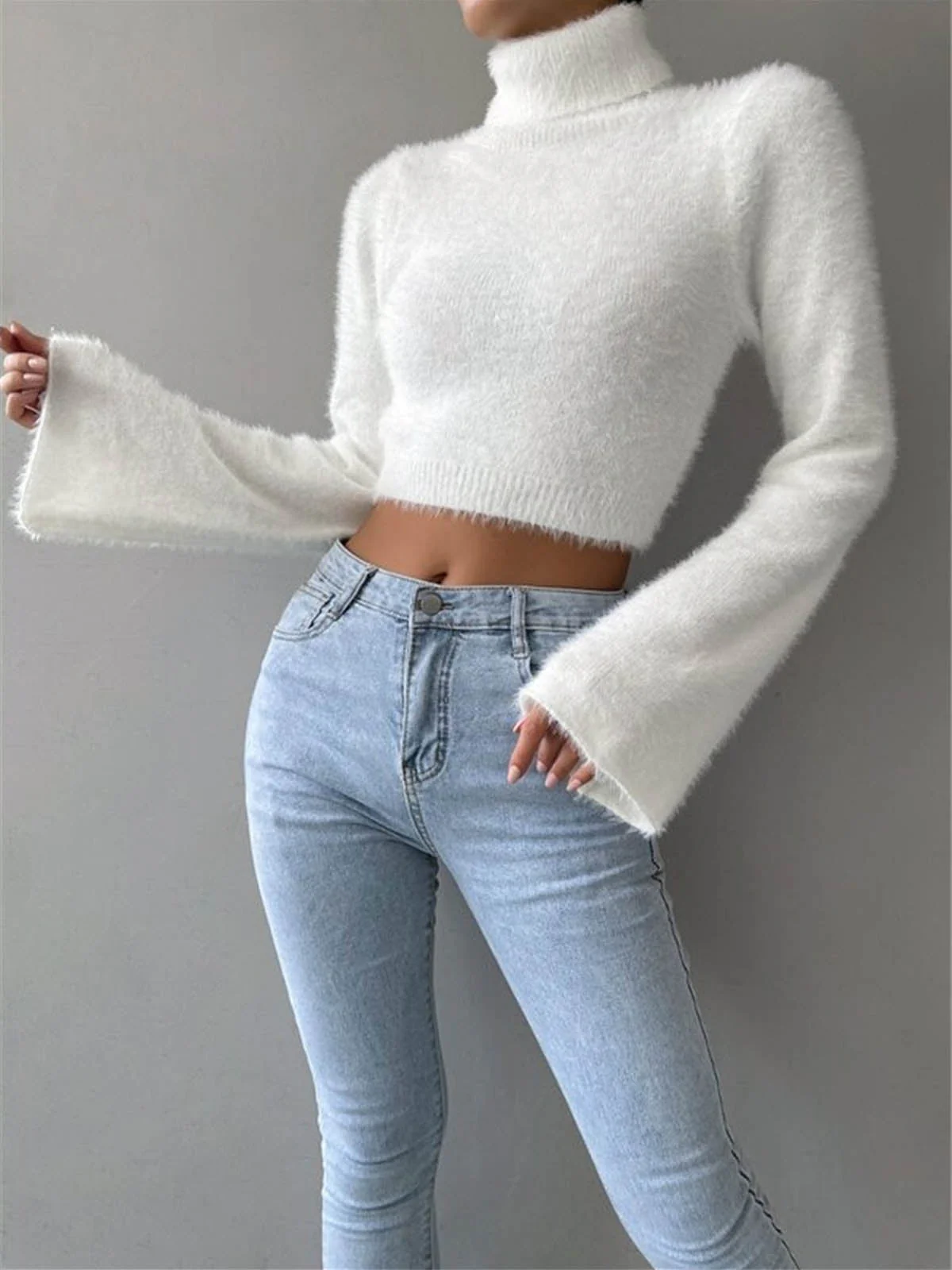 Turtleneck Fuzzy Crop Knit Top - Image 2